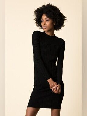 ATM Ribbed Merino Wool  Long-Sleeve Knit Dress - Black Size P
